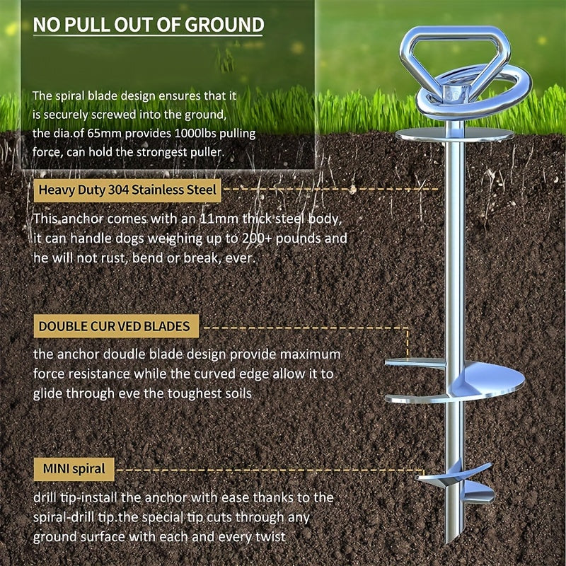 Heavy Duty Dog Stake Tie Out – 304 Stainless Steel Spiral Ground Anchor with 360° Swivel, Anti-Tangle, Holds Up to 200 lbs, for Camping, Beach & Yard Use