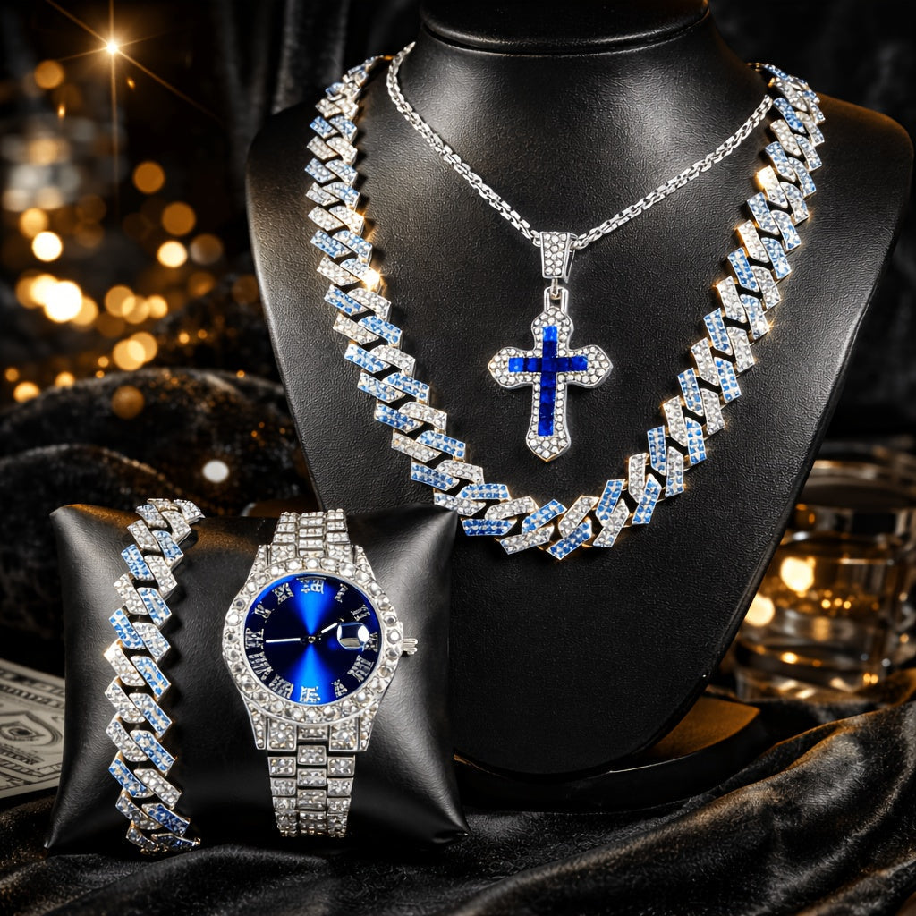 Cuban Link Hip Hop Jewelry Set for Men & Women – Necklace Pendant Bracelet & Blue Dial Watch, Unisex Streetwear Bling, Gold & Silver Tone, Party Daily Gift