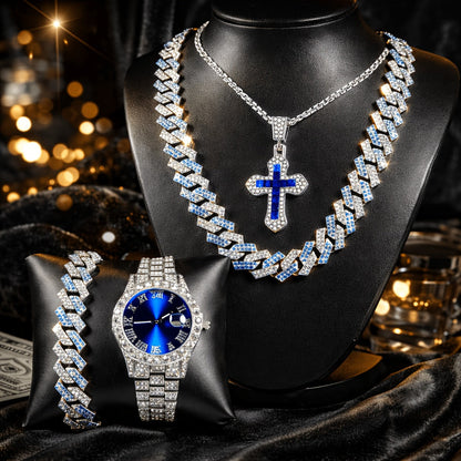 Cuban Link Hip Hop Jewelry Set for Men & Women – Necklace Pendant Bracelet & Blue Dial Watch, Unisex Streetwear Bling, Gold & Silver Tone, Party Daily Gift