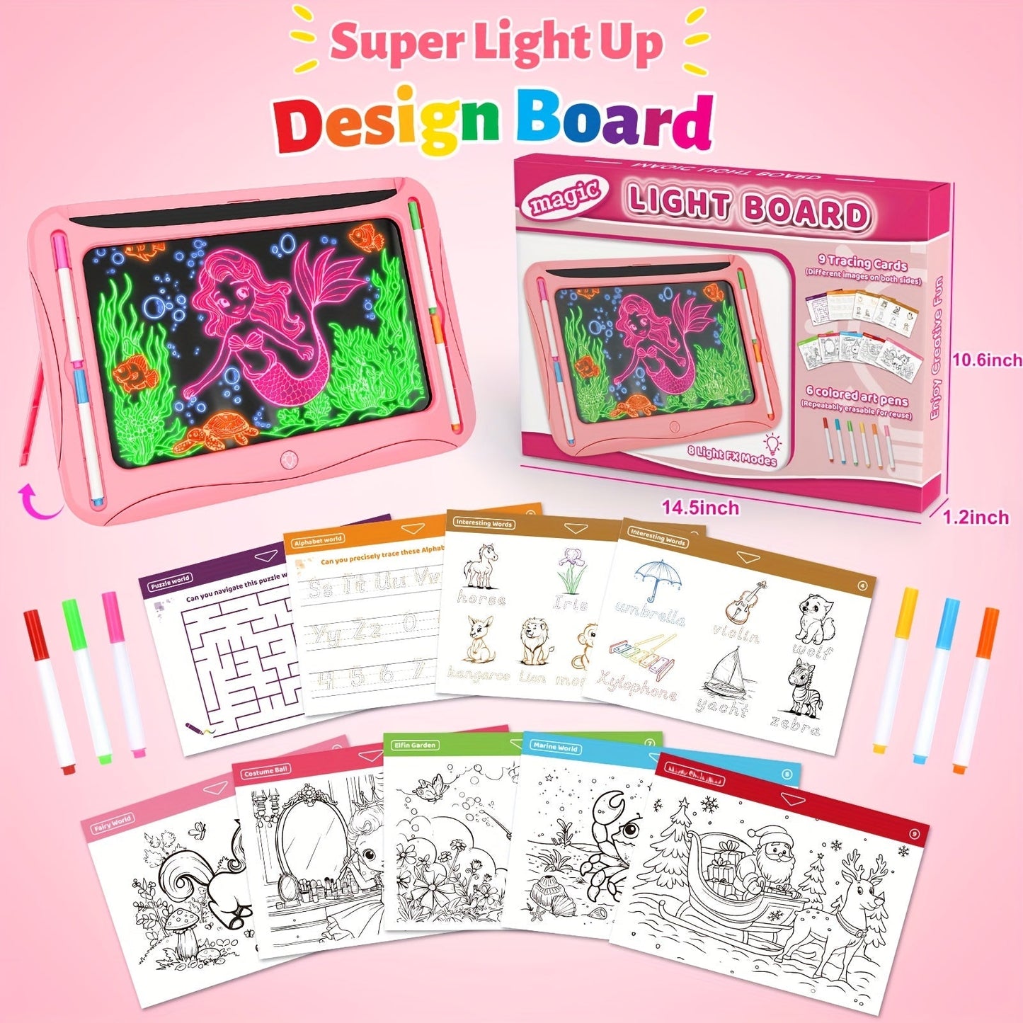 LED Light-Up Drawing Doodle Board for Kids Ages 3-8 – Glow Writing Art Set with 9 Double-Sided Cards & 6 Markers, Educational Learning Travel Toy, Birthday & Christmas Gift for Girls Boys