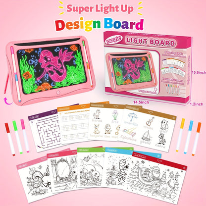 LED Light-Up Drawing Doodle Board for Kids Ages 3-8 – Glow Writing Art Set with 9 Double-Sided Cards & 6 Markers, Educational Learning Travel Toy, Birthday & Christmas Gift for Girls Boys