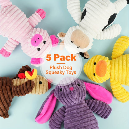 Plush Dog Squeaky Toys 5-Pack Bundle – Washable Stuffed Animal Chew Toys for Small Medium Large Dogs, Embroidered Safety Eyes, Animal Designs (Pig, Frog, Elephant, Chicken, Fox)