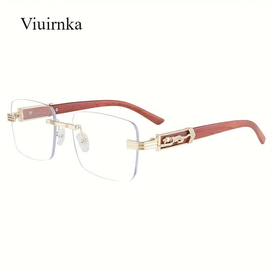 Vintage Rimless Rectangle Sunglasses for Women Men – Trendy Leopard Temple UV Protection Eyewear, 7 Lens Colors, Stylish Unisex Glasses for Outdoor, Driving, Travel, Parties & Daily Wear