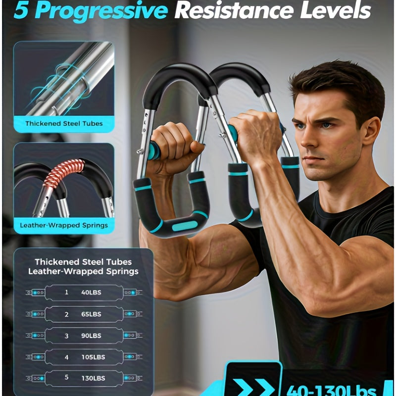 U-Shaped Adjustable Chest and Arm Muscle Strength Trainer 60-100 lbs Spring Resistance Band Triceps Chest Workout Equipment 2-Level Adjustment Detachable Portable Home Gym Fitness