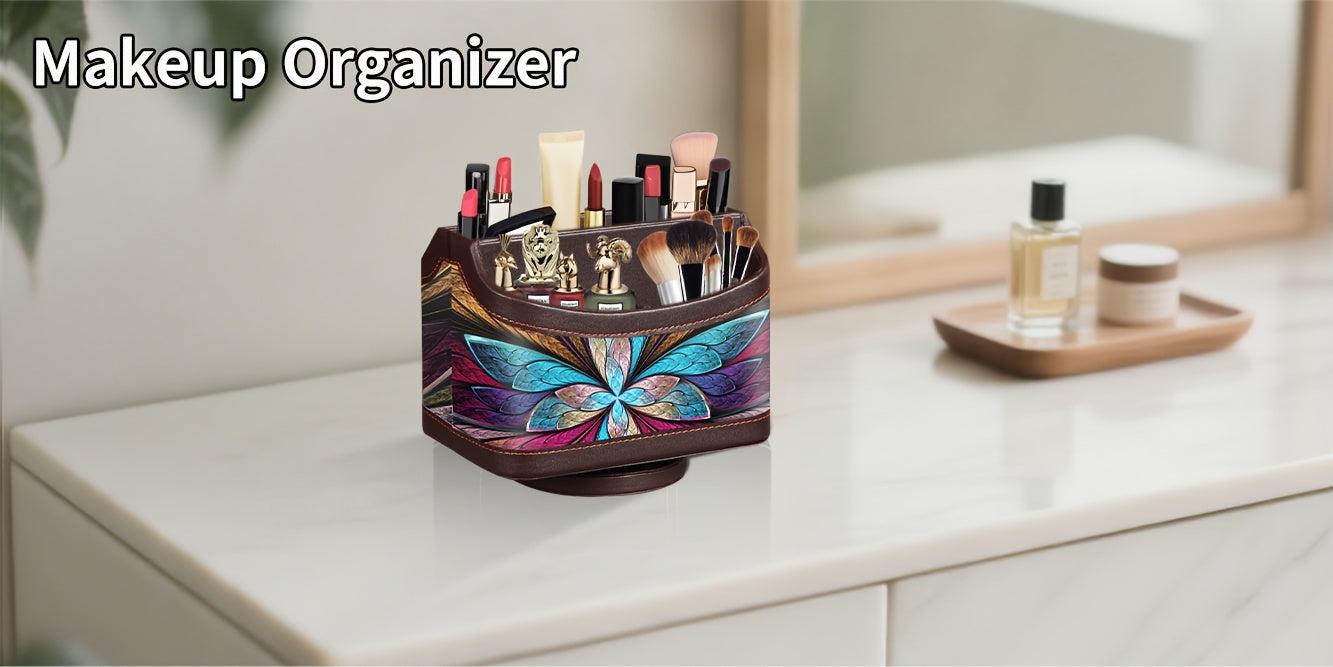 360° Swivel Remote Control Holder – 5-Compartment PU Leather Desk Organizer for TV Remotes, Phones, Eyeglasses, Pens & Office Accessories, Rotating Desktop Storage Caddy