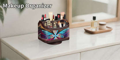 360° Swivel Remote Control Holder – 5-Compartment PU Leather Desk Organizer for TV Remotes, Phones, Eyeglasses, Pens & Office Accessories, Rotating Desktop Storage Caddy