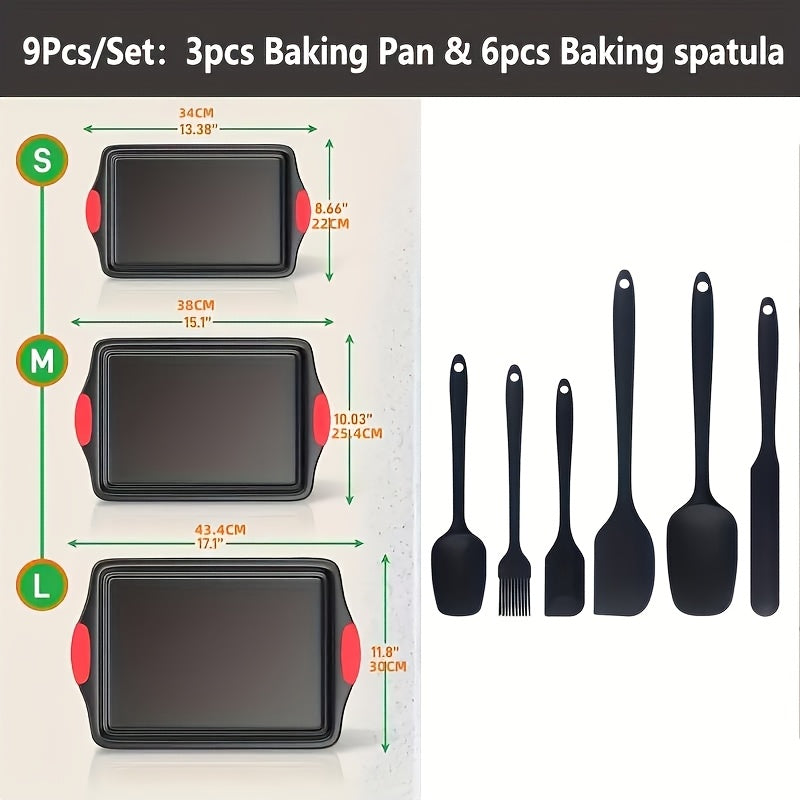 Carbon Steel Nonstick Baking Pan Set 3/9 Pcs – Commercial Grade Oven Safe Bakeware with Red Silicone Handles, Non-stick Inside & Outside, Restaurant Quality Kitchen Cookware for Home Baking