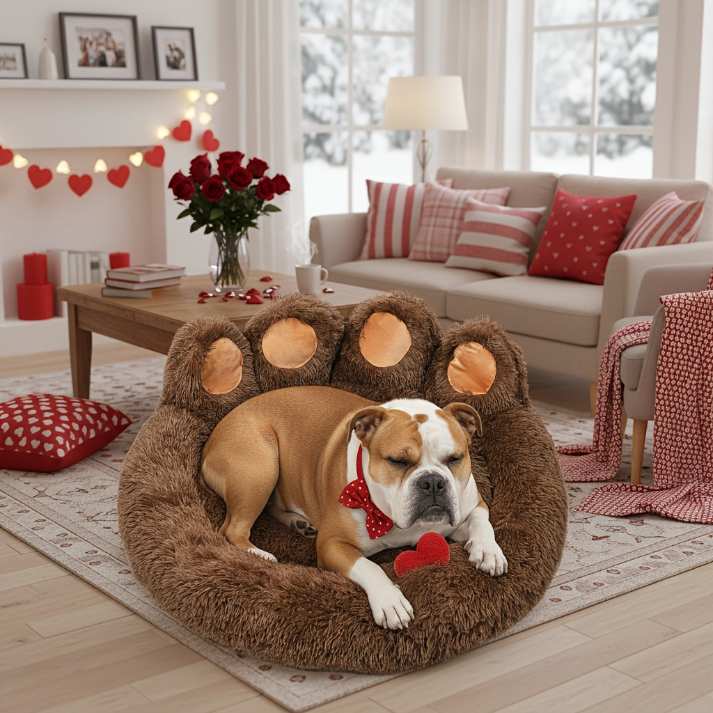 Bear Paw Shaped Donut Dog Bed & Cat Bed – Calming Warm Soft Plush Round Pet Mattress with Bonus Pet Scarf S M L XL 2XL Coffee Pink Grey Brown for Small Medium Large Dogs Cats
