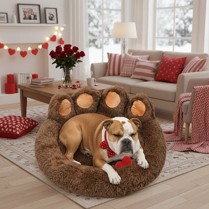 Bear Paw Shaped Donut Dog Bed & Cat Bed – Calming Warm Soft Plush Round Pet Mattress with Bonus Pet Scarf S M L XL 2XL Coffee Pink Grey Brown for Small Medium Large Dogs Cats