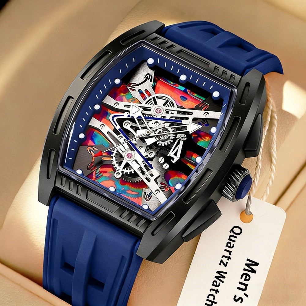 Men's Barrel Shape Tonneau Quartz Watch – Retro Vintage Style Silicone Strap Fashion Business Wristwatch, Luxury Male Analog Watch in 5 Colors White Black Red Blue Green, Birthday Holiday Gift for Him