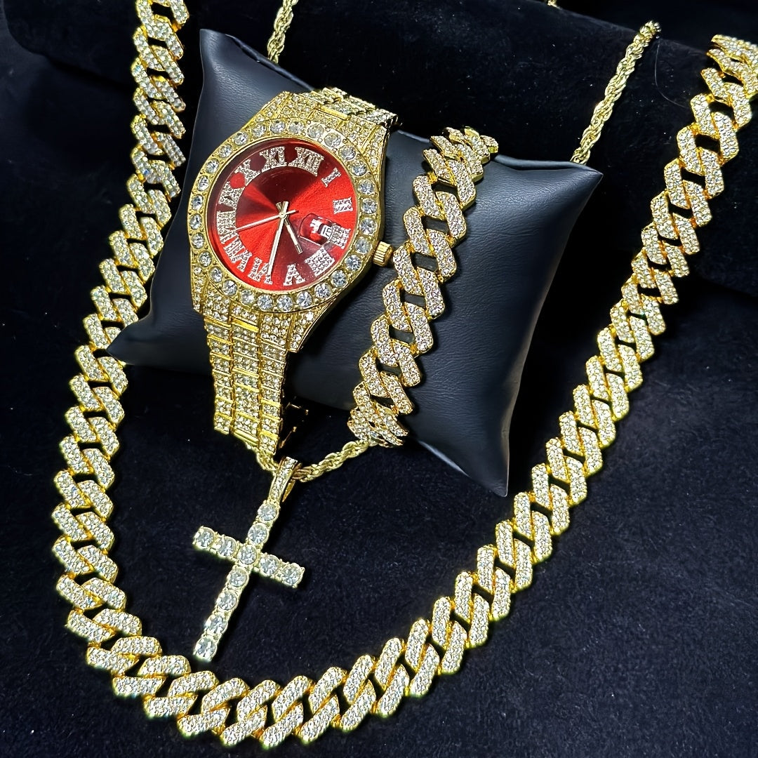 Luxury Cuban Link Jewelry Set for Men & Women – Necklace, Bracelet, Pendant & Wristwatch Full Set, Multiple Colors, Perfect Valentine’s Day, Christmas & Birthday Gift