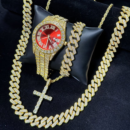Luxury Cuban Link Jewelry Set for Men & Women – Necklace, Bracelet, Pendant & Wristwatch Full Set, Multiple Colors, Perfect Valentine’s Day, Christmas & Birthday Gift