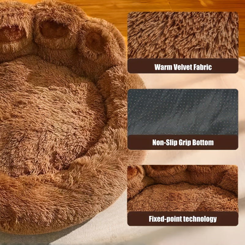 Bear Paw Plush Round Pet Bed for Dogs & Cats – Soft Calming Dog Bed, Non-Slip Cat Bed, Warm Cozy Puppy Bed, Small Medium Large, 20/24/28/36 Inch, Coffee/Pink/Gray