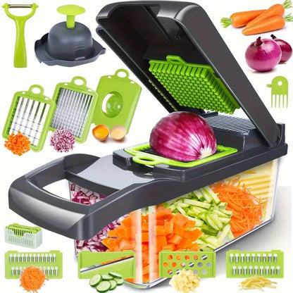 16-in-1 Vegetable Chopper with 8 Blades & Container – Professional Onion Chopper, Multi-Function Food Slicer Dicer for Kitchen, Carrot Chopper Meal Prep Tool, Great Father's Day Gift