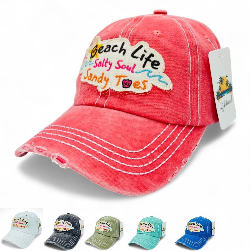 Beach Life Salty Soul Sandy Toes Vintage Distressed Embroidered Baseball Cap – Local Artist Design, 100% Cotton UV Protection Adjustable Coastal Sun Hat, Beach Lover Gift