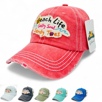 Beach Life Salty Soul Sandy Toes Vintage Distressed Embroidered Baseball Cap – Local Artist Design, 100% Cotton UV Protection Adjustable Coastal Sun Hat, Beach Lover Gift