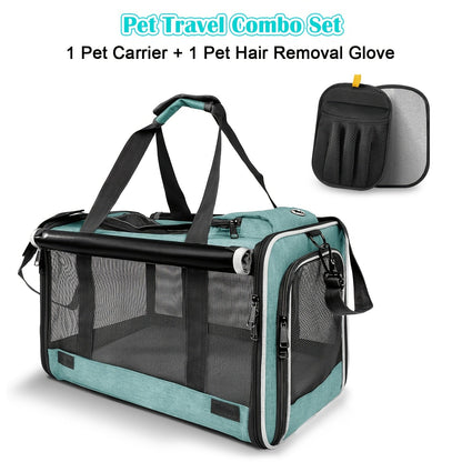 Airline Approved Pet Carrier Soft Sided – Breathable Collapsible Travel Bag for Cats & Small Dogs with Accessories Bundle Collar Bowls or Pet Glove 10 Colors Pink Blue Black Gray Navy Green Orange