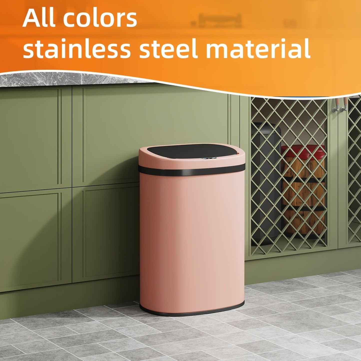 13 Gallon Touchless Trash Can 50L Automatic Motion Sensor Lid | Stainless Steel & Plastic Kitchen Waste Bin | Soft Close Hands-Free Garbage Can | Kitchen Office Bedroom | Black White Red Pink