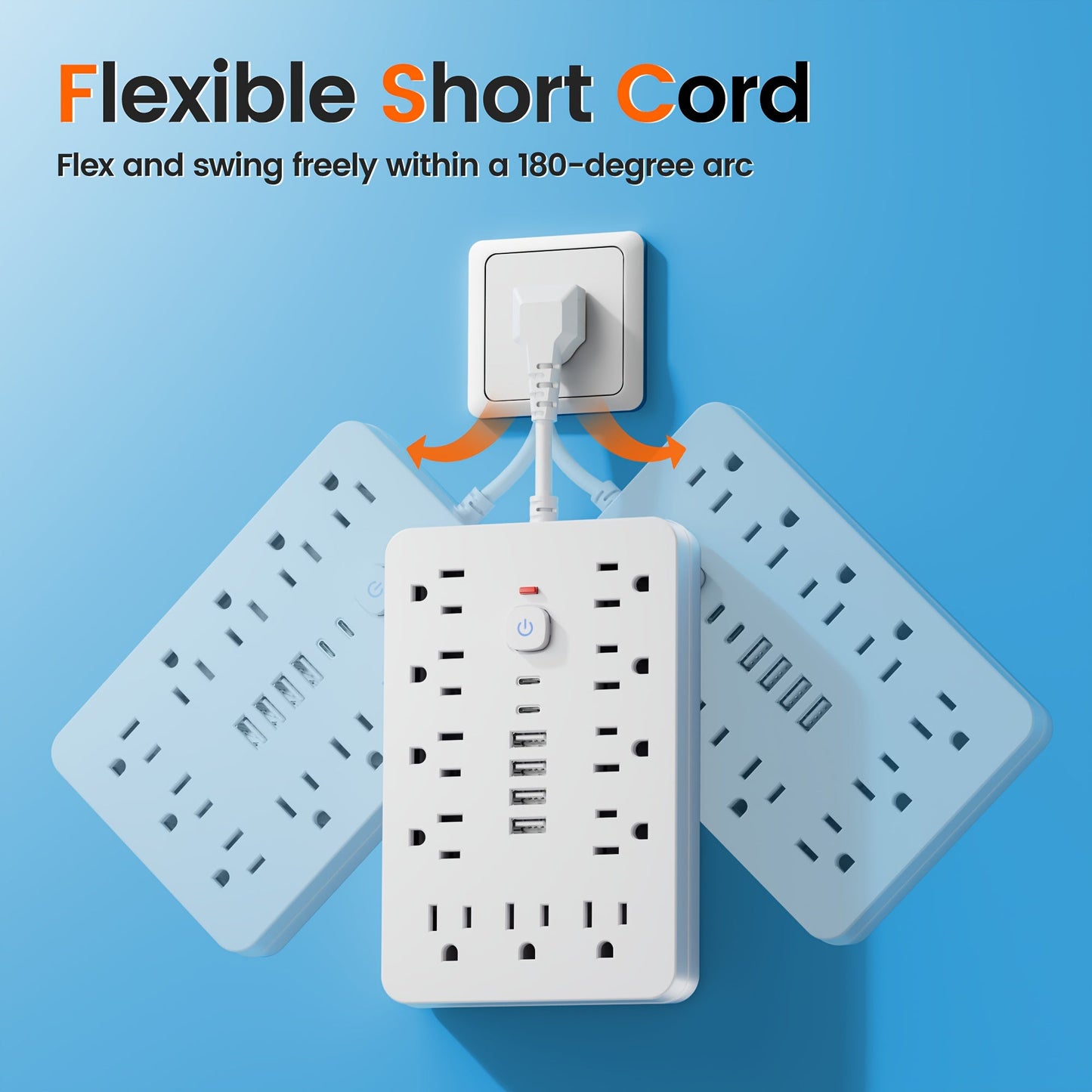 Surge Protector Power Strip 11 AC Outlets | 4 USB-A & 2 USB-C Ports, Overload Protection, Short/5FT/10FT Extension Cord – Multi-Outlet Power Socket for Home, Office, Desk & School – White & Black