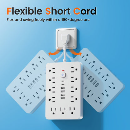 Surge Protector Power Strip 11 AC Outlets | 4 USB-A & 2 USB-C Ports, Overload Protection, Short/5FT/10FT Extension Cord – Multi-Outlet Power Socket for Home, Office, Desk & School – White & Black