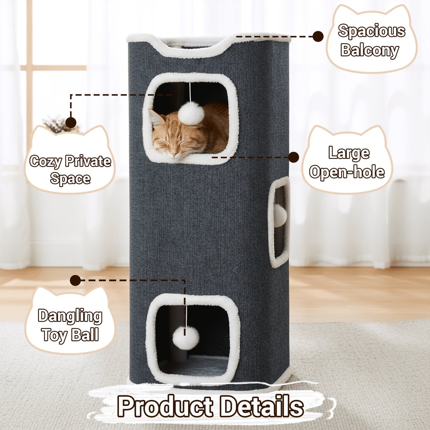 Multi-Level Foldable Cat Tree Tower for Indoor Cats – Scratching Post, Cozy Perch, Cat Condo with Hanging Toy Ball, Cat Hideaway, Soft Bed, 1/3/4 Tier Options