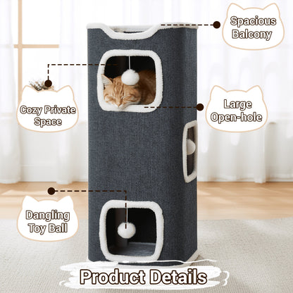 Multi-Level Foldable Cat Tree Tower for Indoor Cats – Scratching Post, Cozy Perch, Cat Condo with Hanging Toy Ball, Cat Hideaway, Soft Bed, 1/3/4 Tier Options