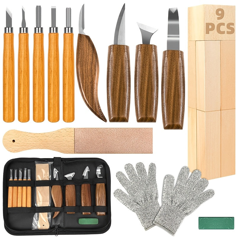 Wood Carving Knife Set PU Case 15-23 Piece Whittling Kit Chisel Hook Detail Geometric Knife Safety Gloves Leather Strop Basswood Block Art Craft Gift
