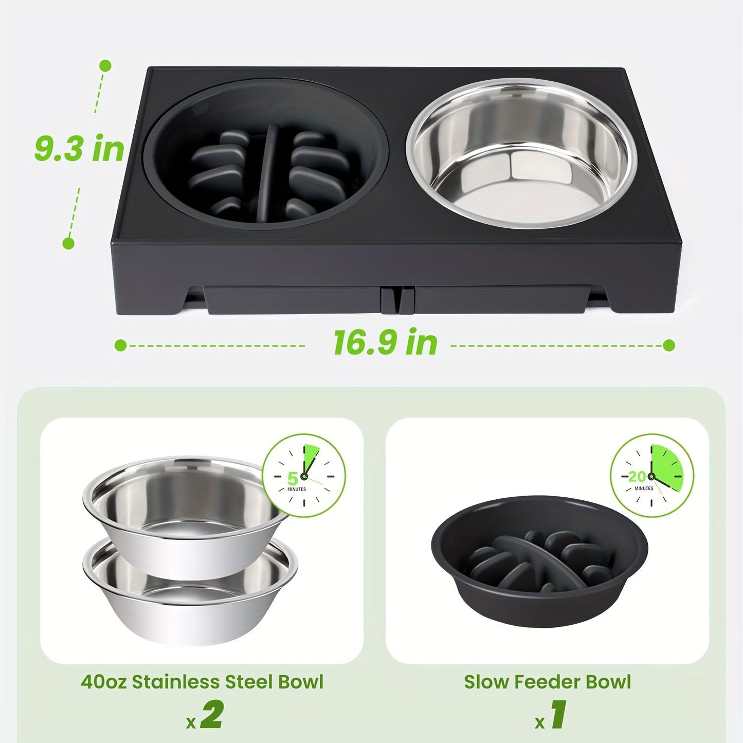 Adjustable Elevated Dog Bowl Stand with 3-Bowl Set – 5 Heights 3.2–12.2 Inch, 2 Stainless Steel Bowls + Slow Feeder Bowl for Small Medium Large Dogs, Raised Feeder in Black or Gray