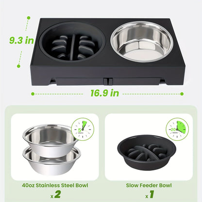Adjustable Elevated Dog Bowl Stand with 3-Bowl Set – 5 Heights 3.2–12.2 Inch, 2 Stainless Steel Bowls + Slow Feeder Bowl for Small Medium Large Dogs, Raised Feeder in Black or Gray