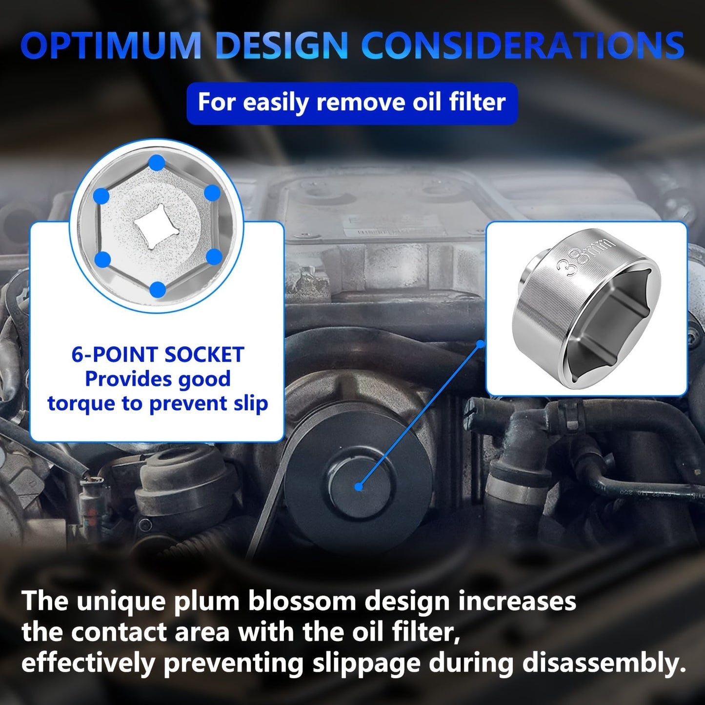7-Piece Oil Filter Socket Wrench Set 3/8" Drive CR-V Steel 24mm 27mm 29mm 30mm 32mm 36mm 38mm - Universal Oil Filter Removal Tool Kit for Car Oil Changes