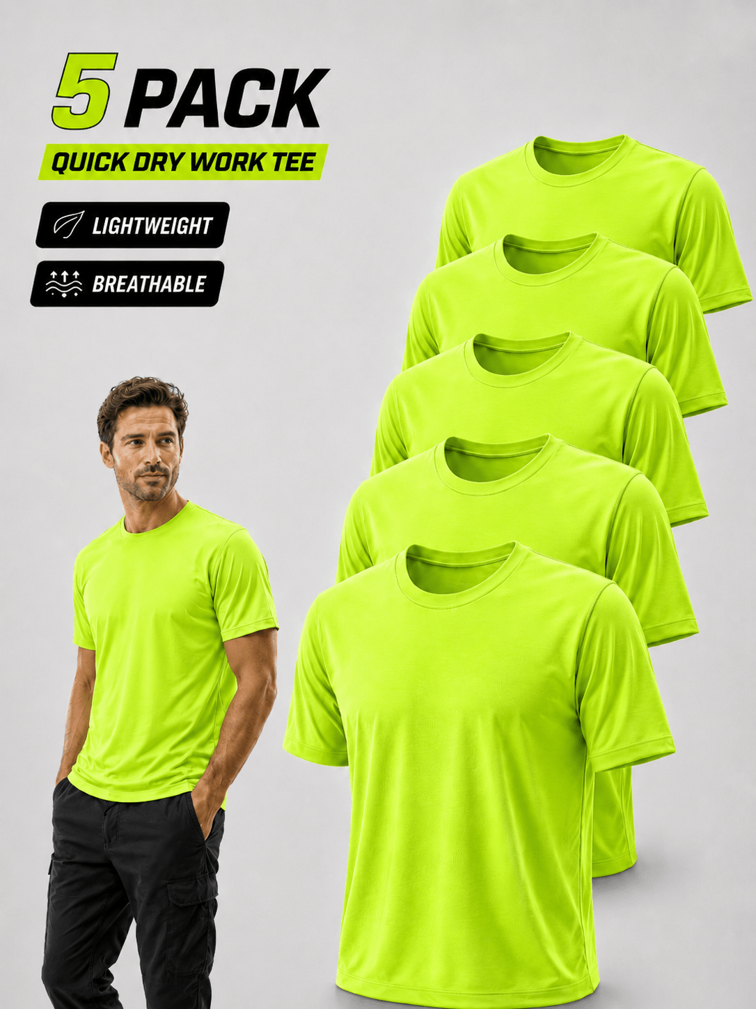 5-Pack Men's UPF 50+ Safety Work Shirts – Quick Dry Breathable Performance Tees for Outdoor Jobs, Fluorescent Yellow High Visibility, S-XXXL, Gift for Dad