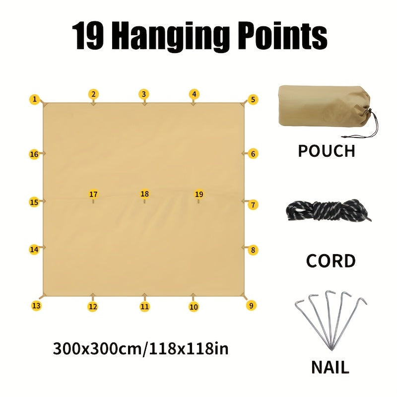 Waterproof Camping Tarp Shelter 19 Tethering Points Hammock Rain Fly Sunshade Lightweight Survival Tarpaulin for Hiking Backpacking Cycling DIY Outdoor Canopy Sun Protection Emergency Shelter