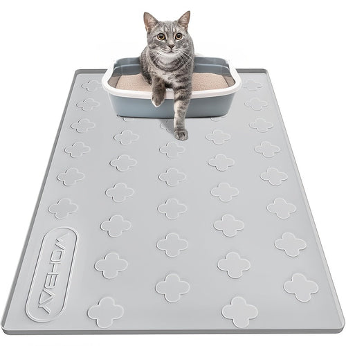 XXL Silicone Cat Litter Mat 3-in-1 – Washable Non-Slip Floor Protector with Raised Edges, Traps Litter, Kibble & Crumbs, Foldable Pet Feeding Mat for Cats, 34x22 Inch, Light Grey & Dark Gray