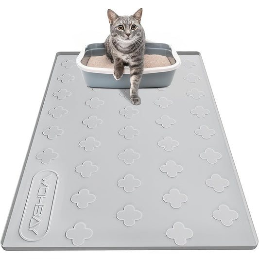 XXL Silicone Cat Litter Mat 3-in-1 – Washable Non-Slip Floor Protector with Raised Edges, Traps Litter, Kibble & Crumbs, Foldable Pet Feeding Mat for Cats, 34x22 Inch, Light Grey & Dark Gray