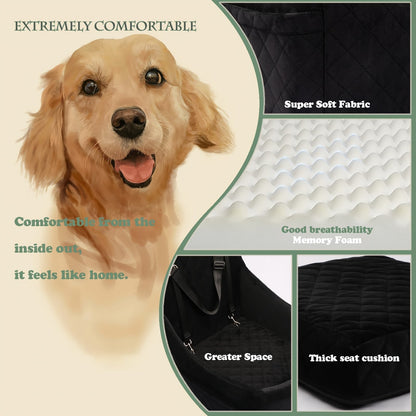 Dog Car Seat for Medium Large Dogs – Washable Memory Foam Pet Travel Car Bed with Seat Belt Pass-Through, Adjustable Straps & 3-Point Installation, Gray Black Brown All Black Black Gray