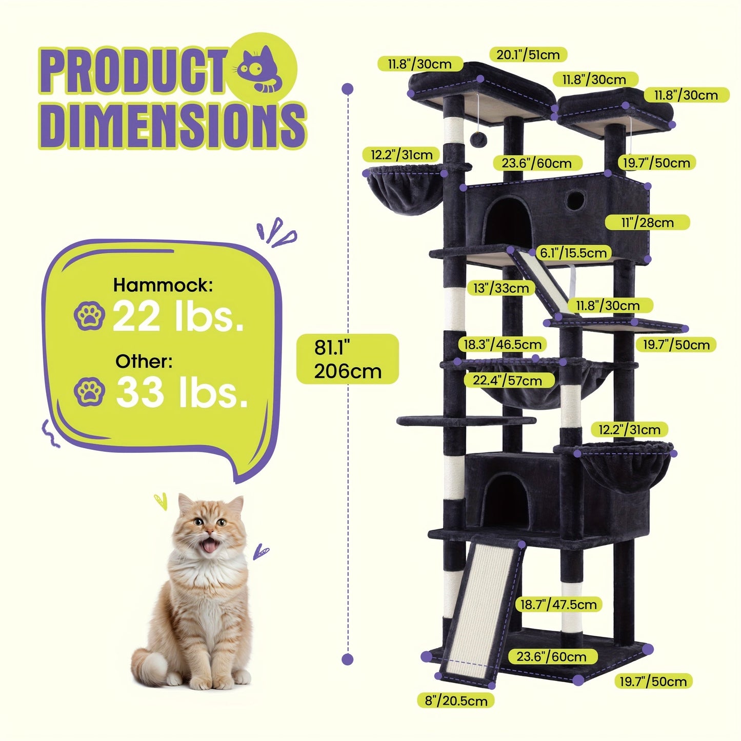 WEEWAY Corner Cat Tree Tower for Indoor Cats 36–81 Inch – Multi-Level Cat Furniture with Sisal Scratching Posts, Condo Cave, Hammock, Ramps, Plush Perches, Basket & Pompom Toys, Perfect Cat Gift