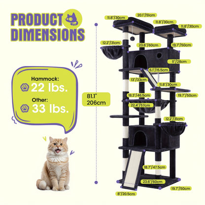 WEEWAY Corner Cat Tree Tower for Indoor Cats 36–81 Inch – Multi-Level Cat Furniture with Sisal Scratching Posts, Condo Cave, Hammock, Ramps, Plush Perches, Basket & Pompom Toys, Perfect Cat Gift
