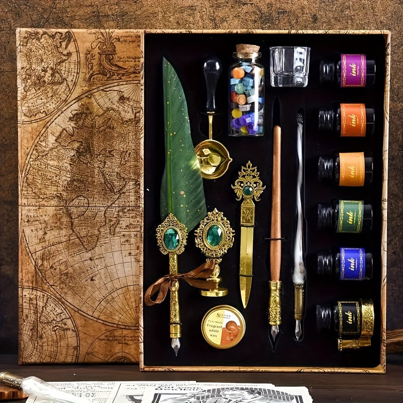 Vintage Quill Feather Dip Pen Set – Calligraphy Glass Pen, Letter Opener & Seal Wax Kit, Luxury Writing Gift for Halloween, Birthday, Holiday, Back to School & Stationery Lovers