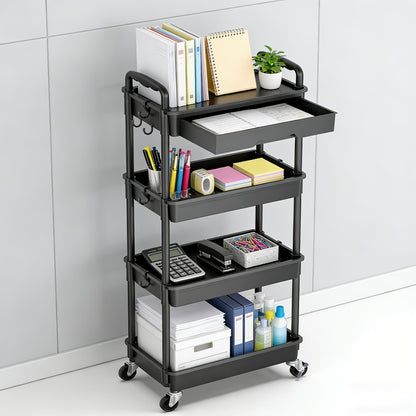 Rolling Storage Cart 3-Tier & 4-Tier with Drawer & Lockable Wheels Multifunctional Plastic Shelf Organizer for Kitchen Bathroom Living Room Office – 7 Colors