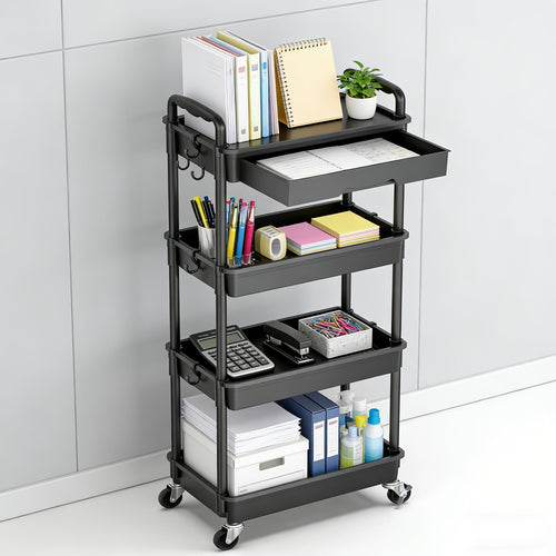 Rolling Storage Cart 3-Tier & 4-Tier with Drawer & Lockable Wheels Multifunctional Plastic Shelf Organizer for Kitchen Bathroom Living Room Office – 7 Colors