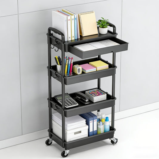 Rolling Storage Cart 3-Tier & 4-Tier with Drawer & Lockable Wheels Multifunctional Plastic Shelf Organizer for Kitchen Bathroom Living Room Office – 7 Colors