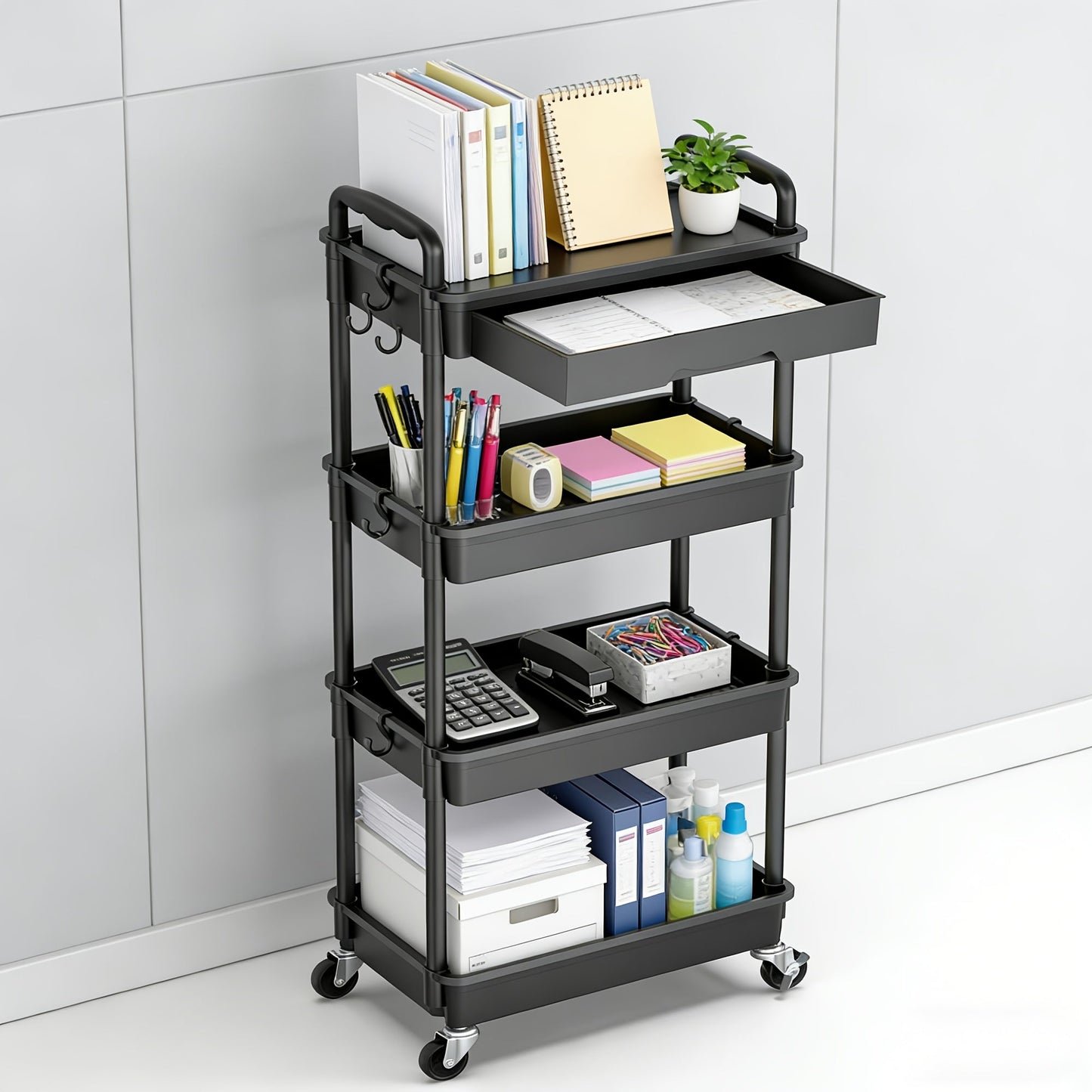 Rolling Storage Cart 3-Tier & 4-Tier with Drawer & Lockable Wheels Multifunctional Plastic Shelf Organizer for Kitchen Bathroom Living Room Office – 7 Colors