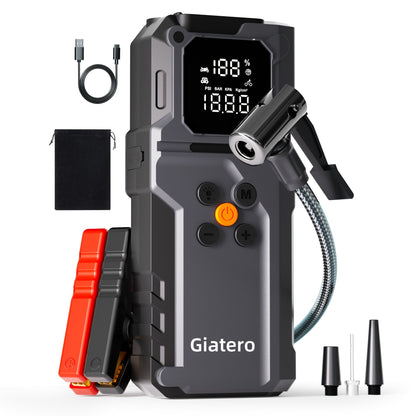 10000A Jump Starter with Air Compressor 160 PSI, Portable Car Battery Jump Starter Pack for Gas & Diesel Engines, USB-C QC 3.0 Fast Charge, Large Display, 3-Mode LED Flashlight, Jumper Cables Included – Giatero Q27