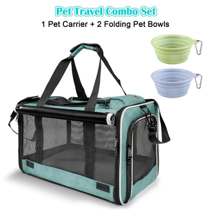 Airline Approved Pet Carrier Soft Sided – Breathable Collapsible Travel Bag for Cats & Small Dogs with Accessories Bundle Collar Bowls or Pet Glove 10 Colors Pink Blue Black Gray Navy Green Orange