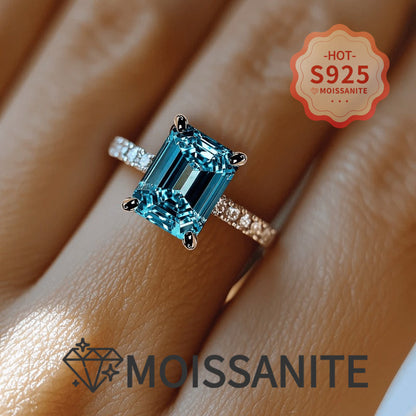 S925 Sterling Silver Blue Moissanite Promise Ring for Women – Princess Cut Square Stone, Engagement Wedding Bridal Ring with Certificate, Sizes 5-11, Elegant Luxury Gift