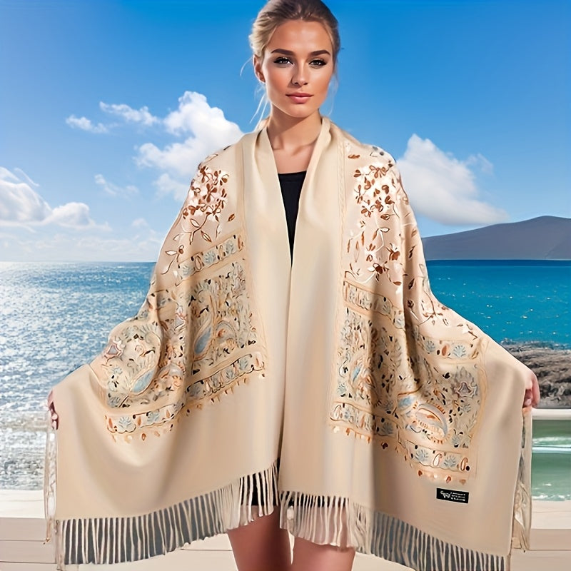 Women's Bohemian Cashmere Shawl Scarf – Vintage Paisley Embroidery with Tassel Trim, Lightweight Warm Wrap for Spring & Fall, 6 Colors, Hand Washable Casual & Dressy Outfits