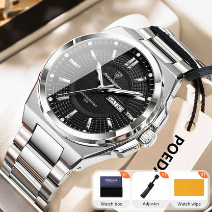 POEDAGAR Men's Quartz Watch Waterproof Luminous Stainless Steel Wristwatch with Weekly Calendar Display – Classic Elegant Design, Perfect Gift for Men, Multiple Color Options