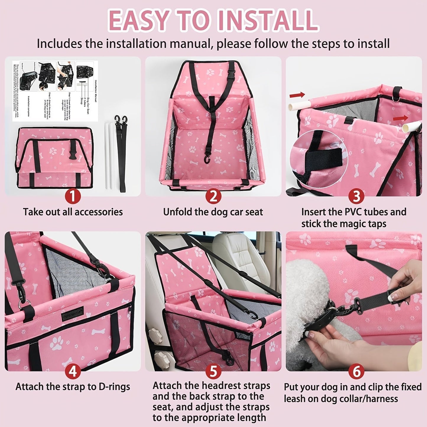 Dog Car Booster Seat & Travel Carrier for Small Dogs and Cats – Foldable Oxford Breathable Pet Carrier with Safety Leash, Adjustable Straps & Elevated Window View, Large 16x13x9.5 Inch