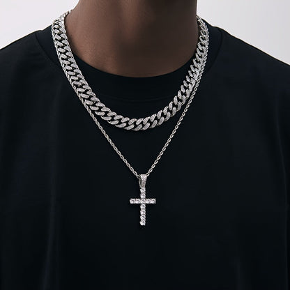 4-Piece Men's Punk Jewelry Set Quartz Watch Cuban Chain Necklace Bracelet and Cross Necklace with Rhinestone Details Hip Hop Style Gift for Men