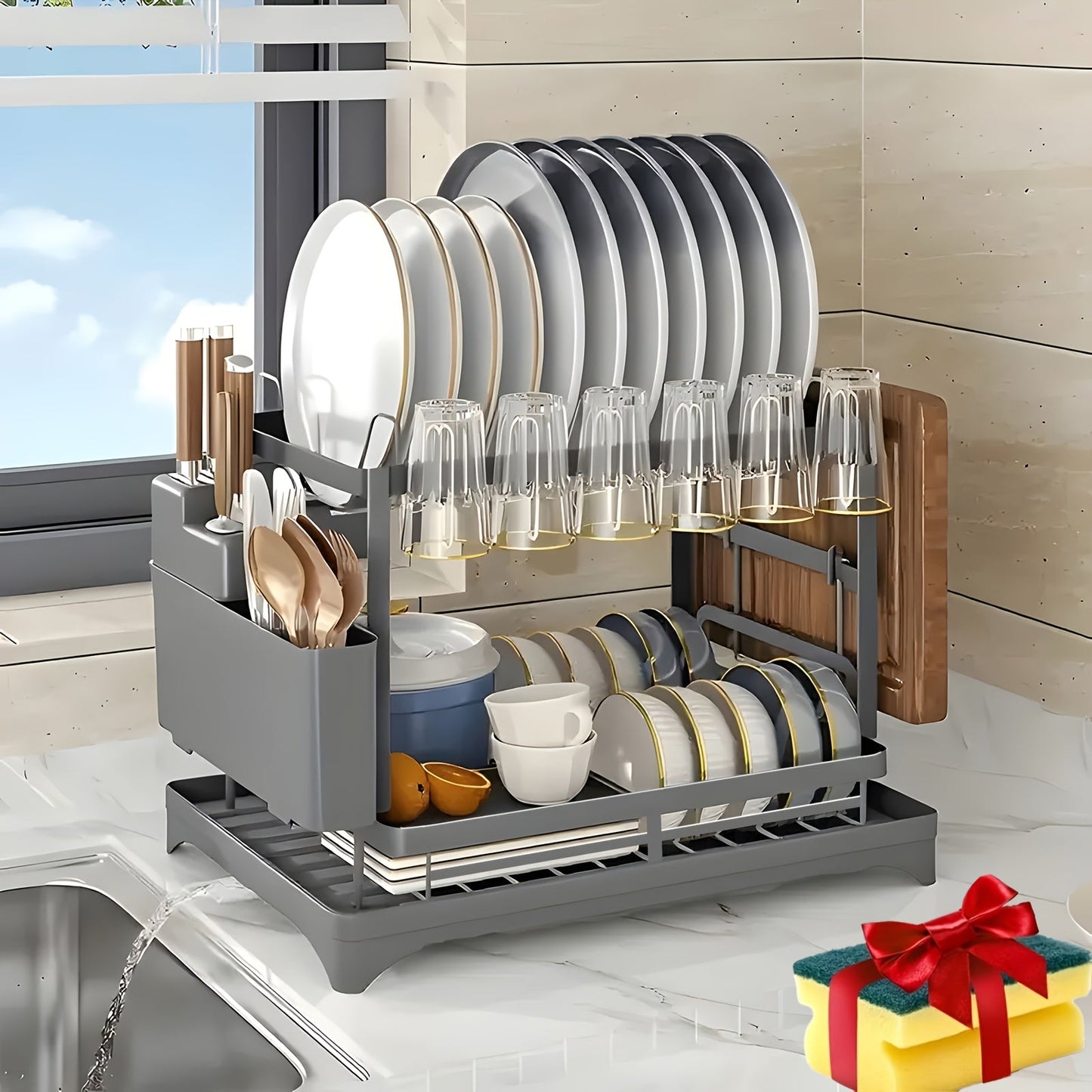 Two-Tier Dish Drying Rack with Drainboard – Metal Kitchen Dish Drainer for Counter, 2-Level Dish Holder for Plates, Cups, Bowls & Utensils, Black Gray White, Standard & Plus Size